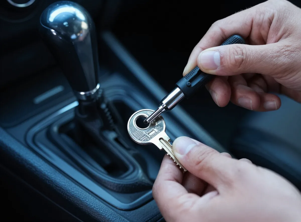 Broken car key being carefully extracted from an ignition barrel