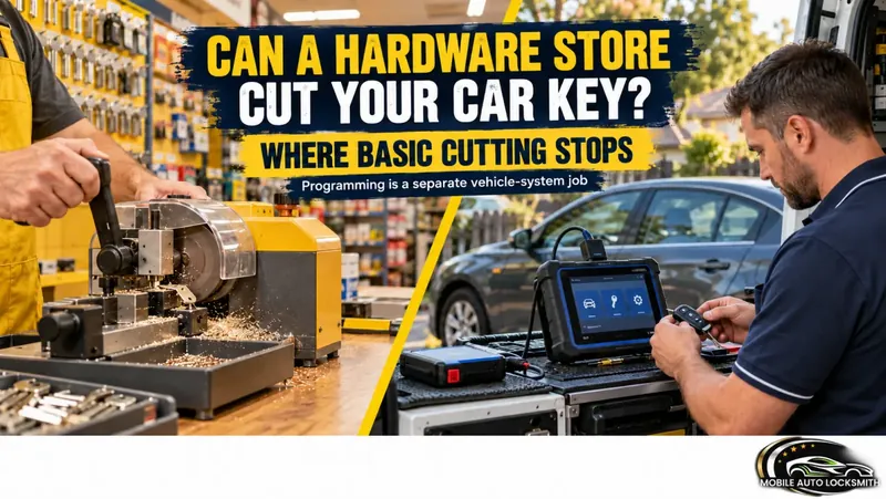 Hardware store key cutting counter beside a locksmith programming a key with a tablet