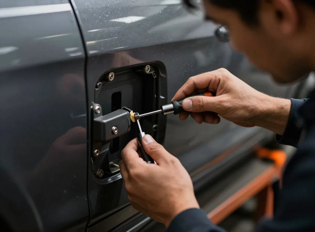 Auto locksmith technician working on a car door lock with precision tools