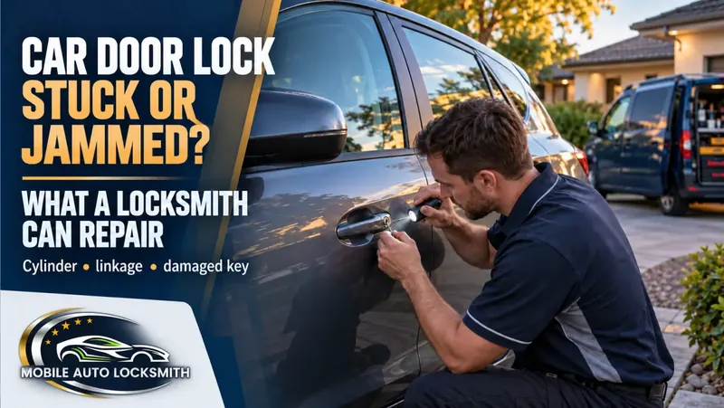 Locksmith with a torch repairing a car door lock: car door lock stuck or jammed?