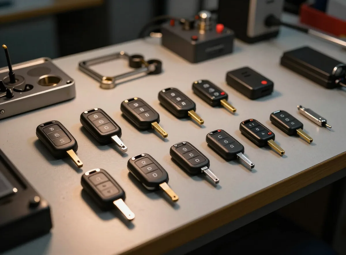Car key programming equipment and transponder keys on a workshop bench