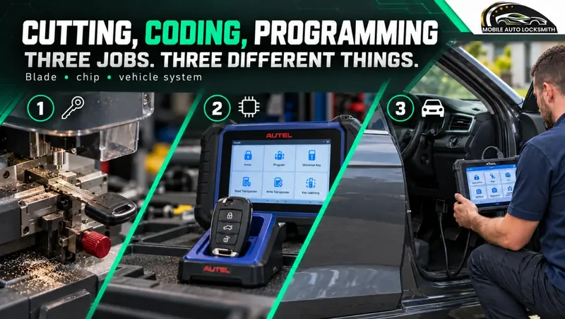 Three panels: key cutting, a fob on a programmer, and programming inside a car
