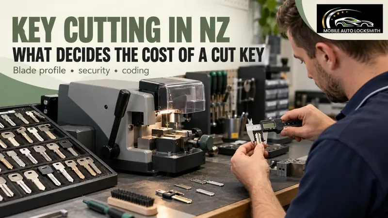 Locksmith measuring a key blade with callipers beside a key cutting machine and rows of blanks