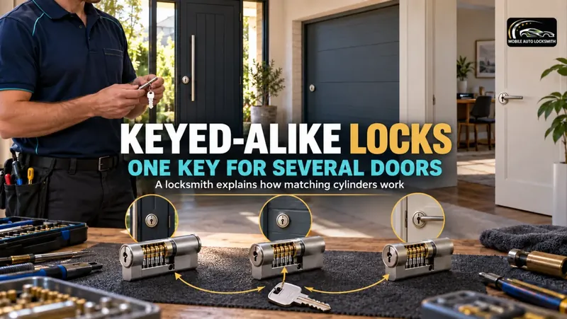 Locksmith with one key and three matching lock cylinders on a mat: keyed-alike locks