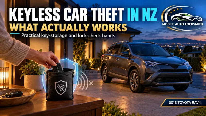 Key fob going into a signal-blocking pouch beside a Toyota RAV4: keyless car theft in NZ