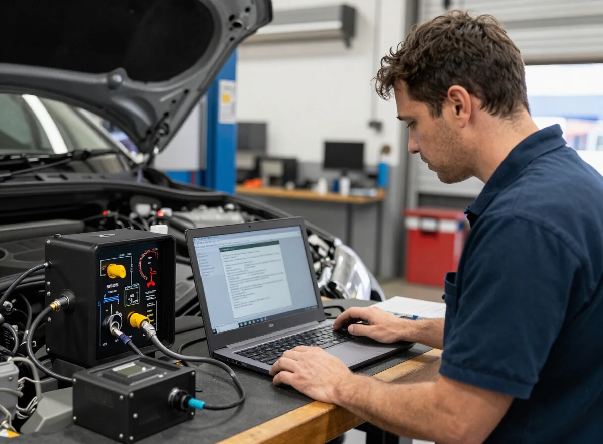 Laptop diagnostic equipment connected to car ignition system
