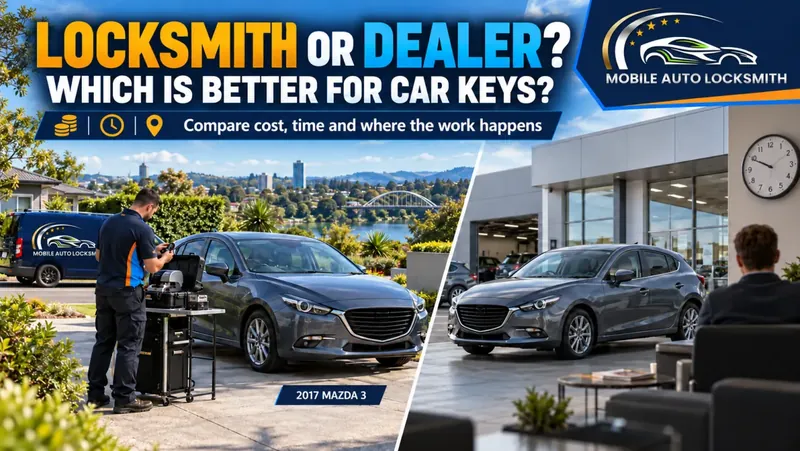 Locksmith working on a Mazda 3 beside the same car at a dealership: locksmith or dealer?