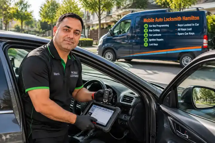 Mobile Auto Locksmith Hamilton programming a replacement car key with a diagnostic tablet at a customer's car, with the branded service van parked behind