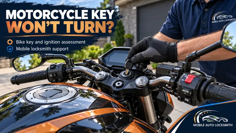 Gloved hand putting a key into a motorcycle ignition: motorcycle key won't turn?