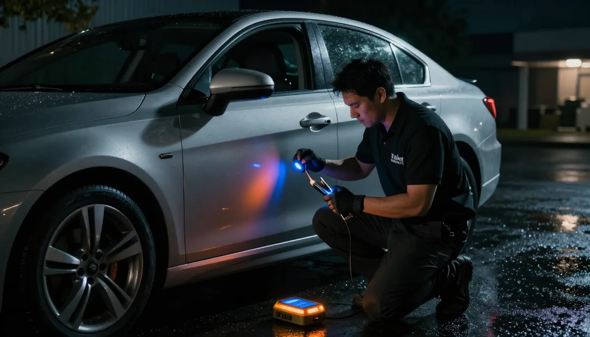 Locksmith working on a car door at night in Hamilton city
