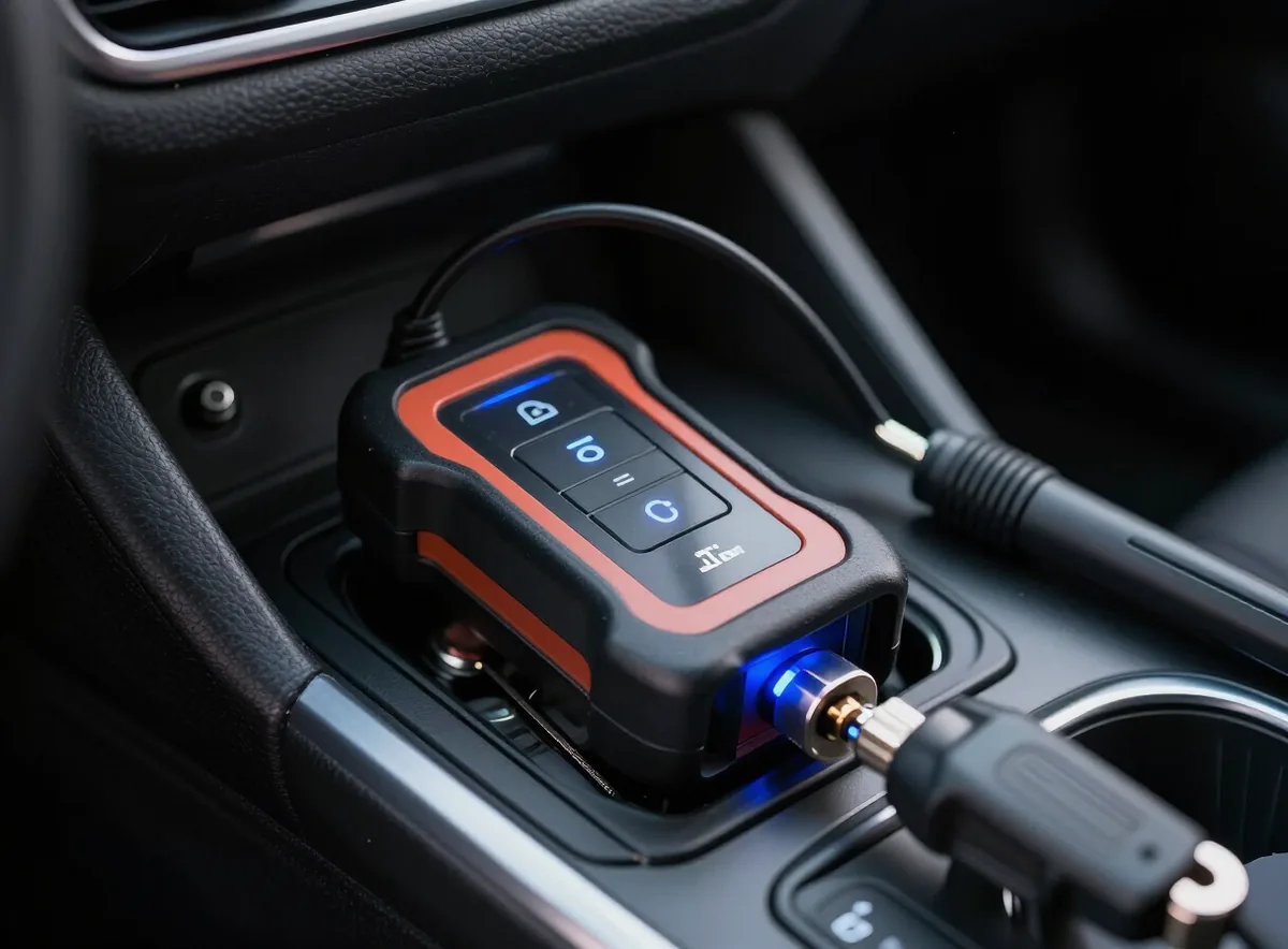 Diagnostic programmer plugged into a vehicle OBD port for key coding