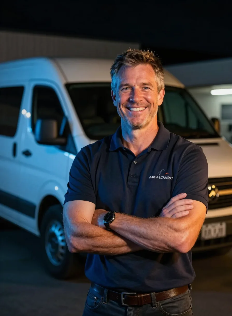 Owner-operator auto locksmith standing in front of his service van in Hamilton