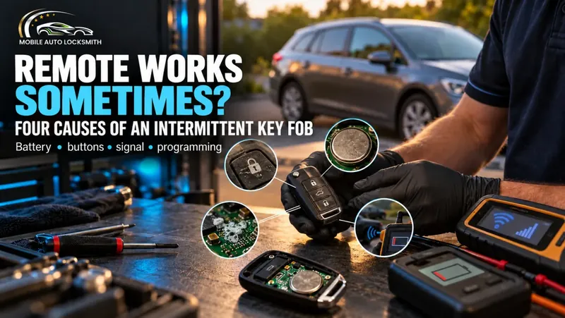 Gloved hands checking a key fob's battery, buttons and circuit board: remote works sometimes, not always?