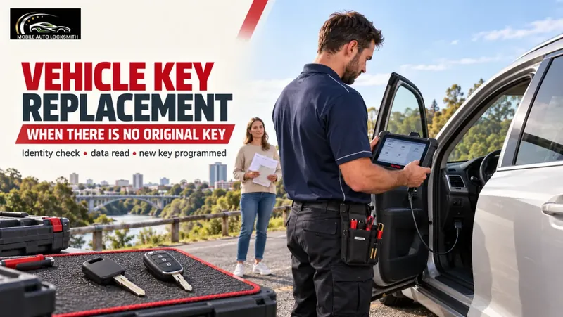 Locksmith at a car door with new keys on the case: key replacement, no original key