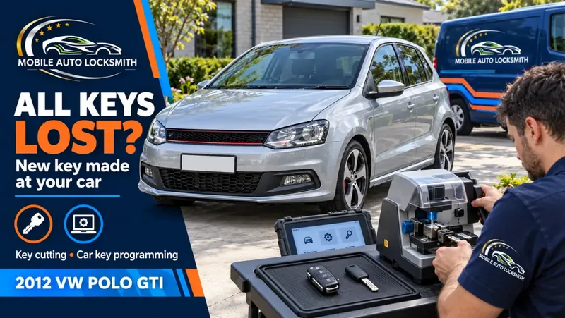 Silver VW Polo GTI with a locksmith cutting a key at the car: all keys lost?